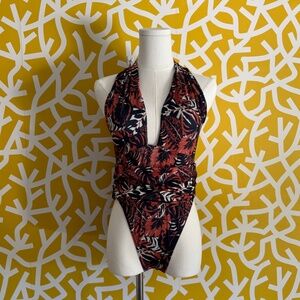 Nasty Gal Tropical Blue Orange Halter Racerback Bathing Swimsuit - XS